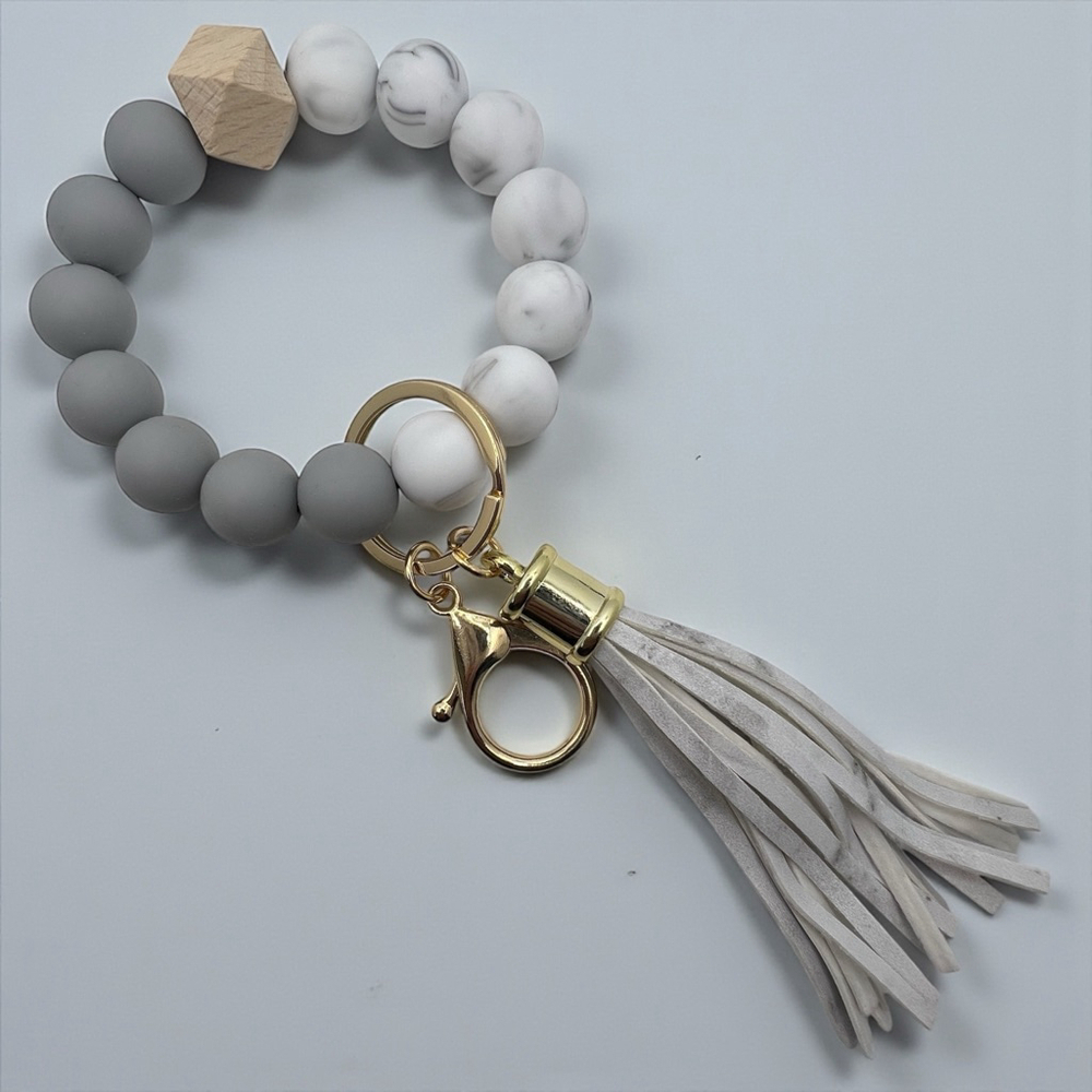 Beaded Silicone Keychain Bracelet Wristlet Gray Marble with Tassel